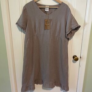 Match Point 100% Linen Short Sleeve Dress Medium Taupe NEW